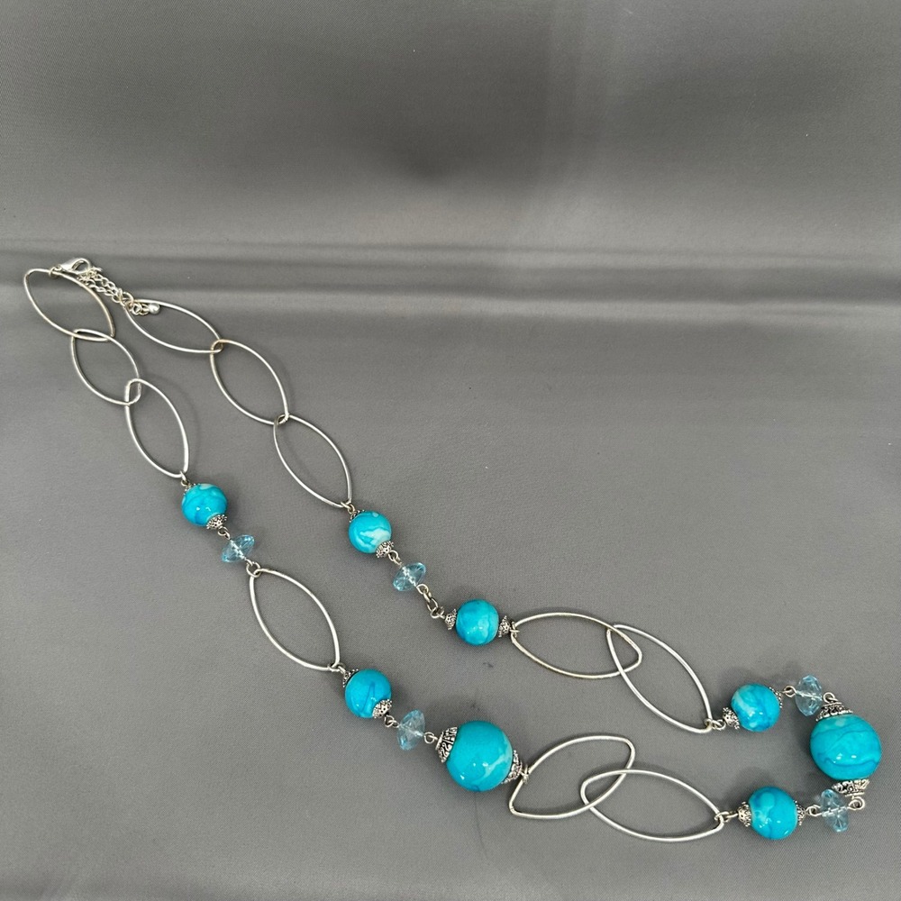 Southwest Paulus Silver Tone Turquoise Marbled Bead Necklace Earring Set 30 Inch - Picture 4 of 10